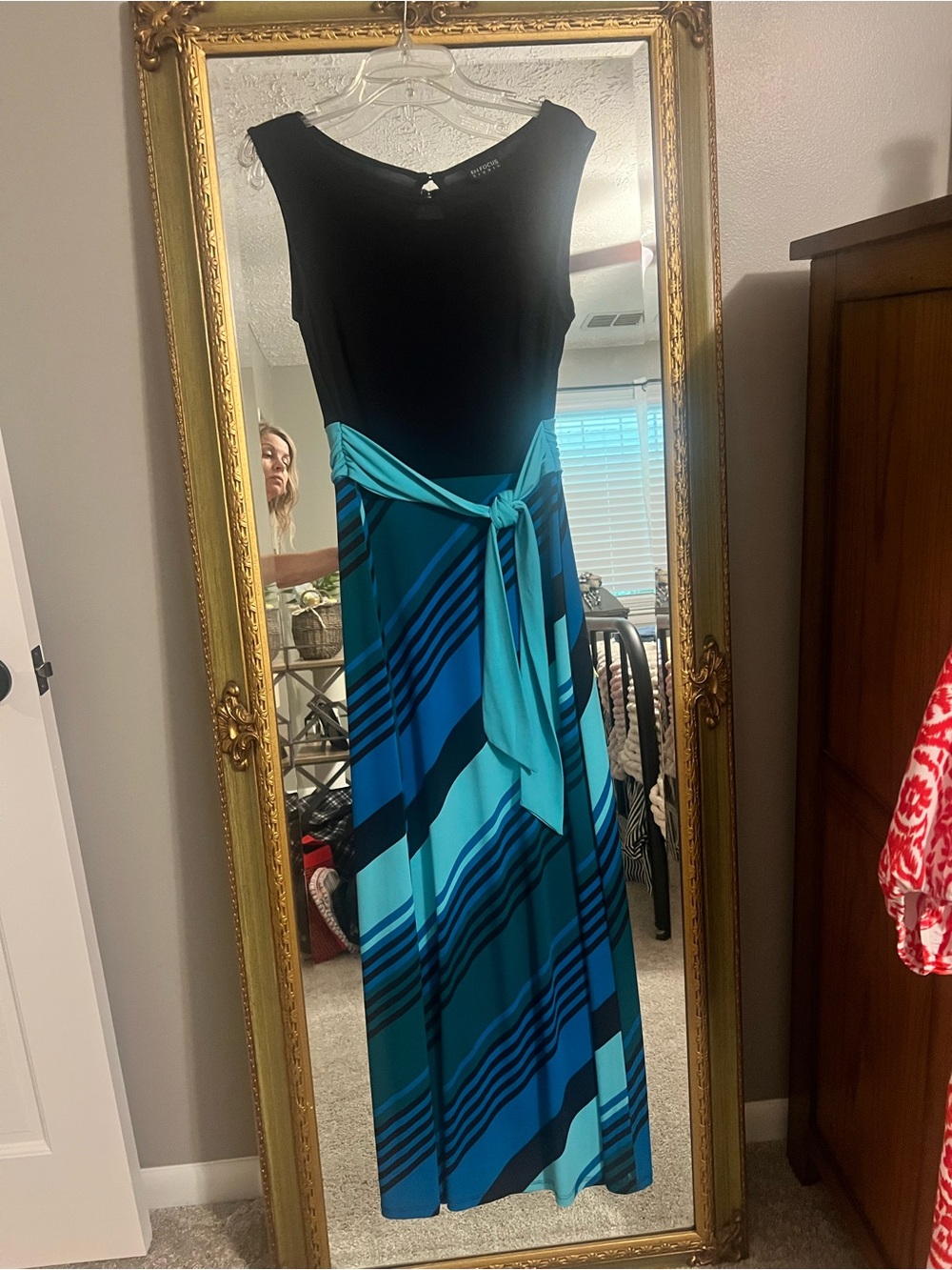 Enfocus Studio Navy Bodice Teal & Blue Striped Maxi Dress with Tie